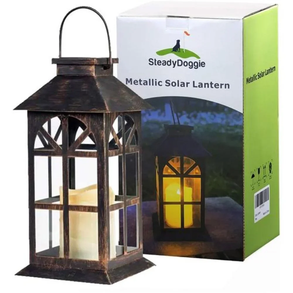 Solar Lantern Outdoor Classic Decor Bronze Antique Metal and Glass Construction